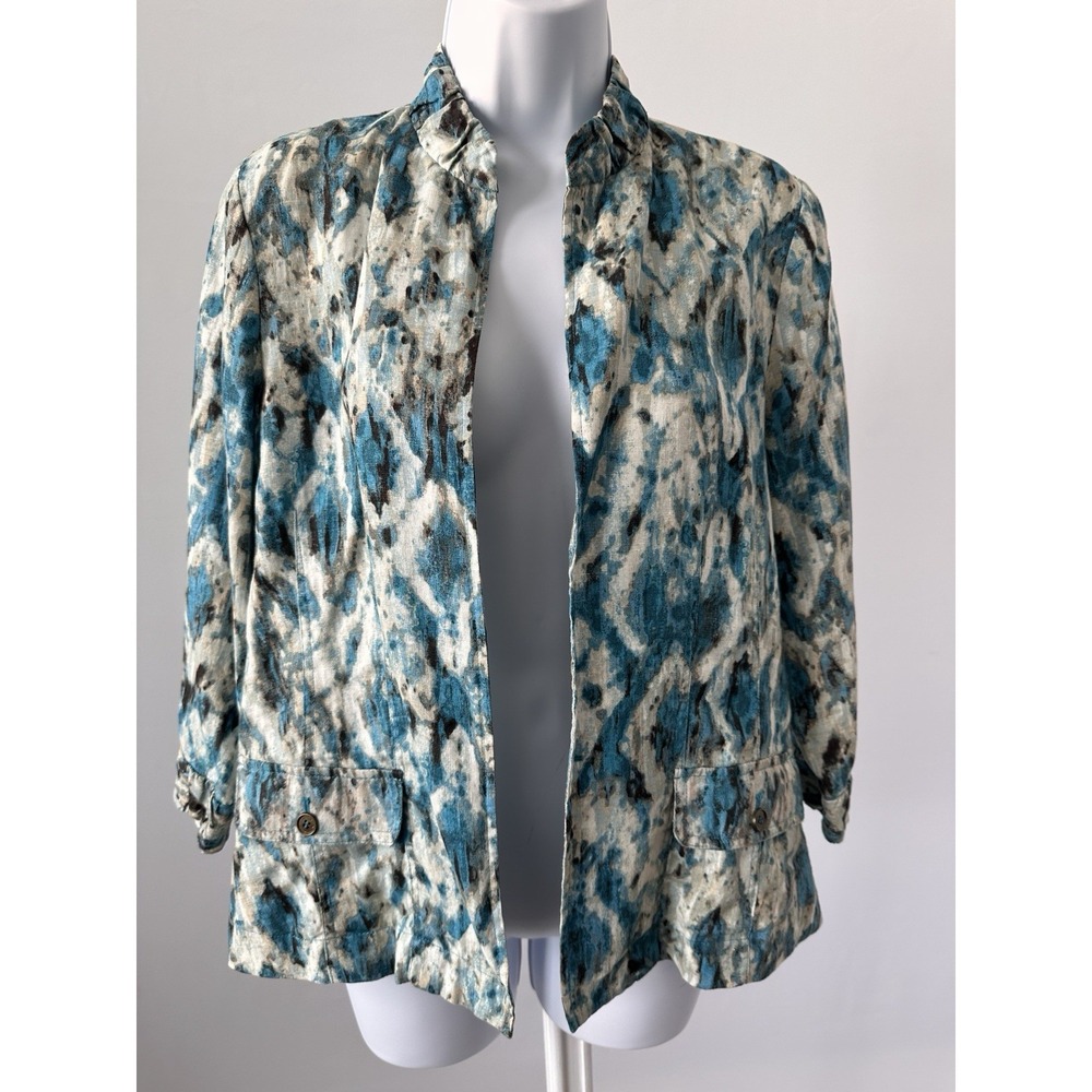 Women's Chico's Sz 0 100% Linen Blazer Blue Abstract Watercolor (b3)